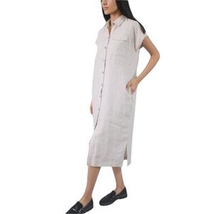Paradise Womens Beige 100% Italian Linen Button Front Short Sleeve Midi Dress M